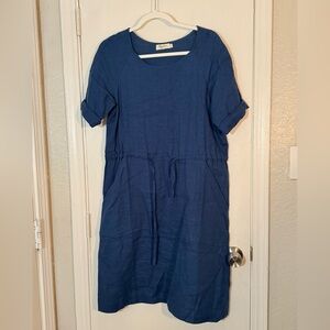 Magic Linen Blue Tie-Waist Casual Midi Dress Size XS